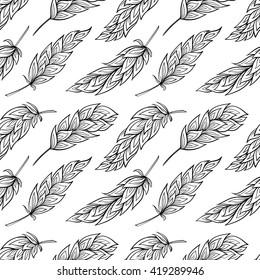 Vector black and white feathers seamless pattern. Boho style.
