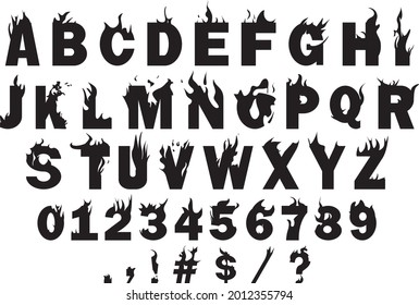 Vector del alfabeto de fuego blanco y negro A-z y símbolos