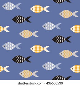 Vector black and white fish seamless pattern. Shoal of fish in rows on blue ocean pattern. Summer marine theme.