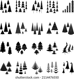 Vector black and white flat illustrations of fir trees. Sets of abstract coniferous trees divided into groups in various styles for design
