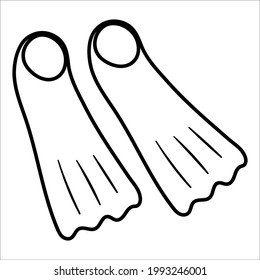 Vector black and white flippers. Outline summer diving or swimming equipment clipart element. Cute line fins illustration for kids or coloring page. Vacation beach object.
