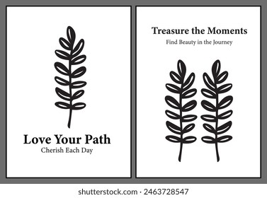 Vector Black and white floral art for wall decor. Decoration. . Simple and elegant black illustration of leaves.