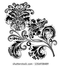 vector black and white floral clipart for tattoo, black and white flowers in vintage style, rich ethnic flower with pattern