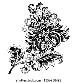 vector black and white floral clipart for tattoo, black and white flowers in vintage style, rich ethnic flower with pattern