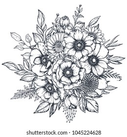 Vector black and white floral composition, bouquet of hand drawn anemone flowers, buds and leaves in sketch style isolated on white background. Beautiful illustration for spring design.