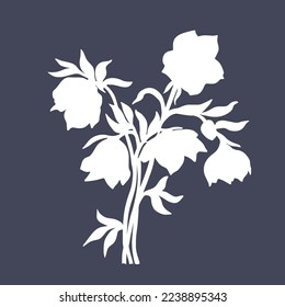 Vector black and white floral composition, bouquet of hand drawn anemone flowers, buds and leaves in sketch style isolated on gray background. White Silhouette isolated on gray background. 