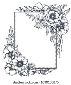 Vector black and white floral frame with bouquets of hand drawn anemone flowers, buds and leaves in sketch style. Beautiful template for invitations, greeting cards.