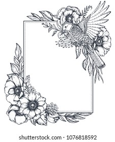 Vector black and white floral frame with bouquets of hand drawn anemone flowers, buds, leaves and bird in sketch style. Beautiful template for invitations, greeting cards