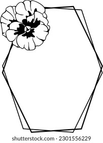 Vector black and white floral frame, wreath with pansies, violet flower, invitation template, greeting cards.