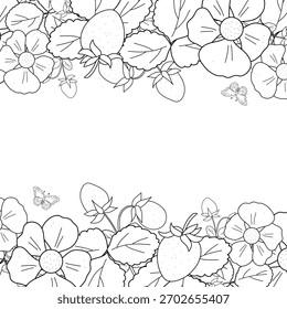 Vektor schwarz-weißer Blumenrahmen mit Erdbeerbeeren, Blättern, Zweigen und Schmetterling. Botanische Illustration mit Leerzeichen für Text auf weißem Hintergrund