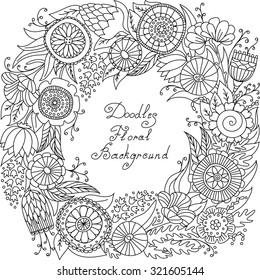 vector black and white floral frame pattern of spirals, swirls, doodles