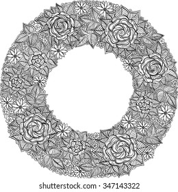 vector black and white floral frame pattern of spirals, swirls, doodles