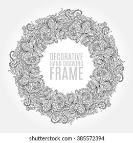 vector black and white floral frame pattern of flowers, spirals, swirls and doodles