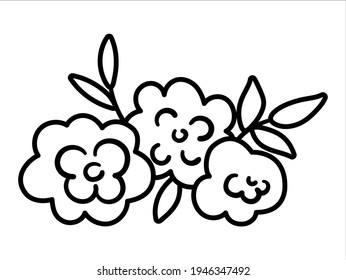 Vector de elementos decorativos horizontales florales en blanco y negro. Ilustración en línea con flores rosadas, hojas, ramas. Hermoso ramo de primavera o verano aislado de fondo blanco
