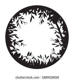 vector black and white floral illustration. round frame, border with a magic, fairy forest. silhouette of the forest, herbs or branches. background for postcard, halloween, book.