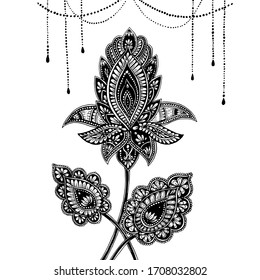  Ilustración de flor vectorial zentangle indio floral blanco y negro