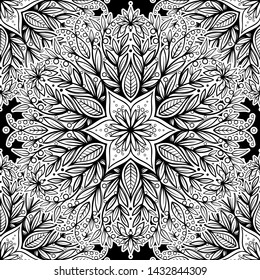 Vector Black and White Floral Mandala Seamless Pattern