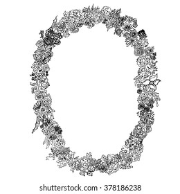 vector black and white floral oval frame  of spirals, swirls, doodles