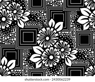 Vector black and white floral pattern design with geometrical shapes