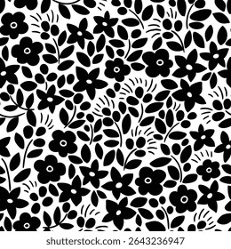 Vector black and white floral pattern in hand drawn style. Flower seamless print design for fabrics, wallpaper or wrapping paper. Botanical monochrome repeat background for home decor. 