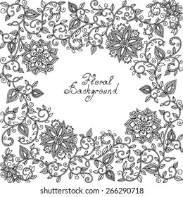 vector black and white floral pattern of spirals, swirls, doodles