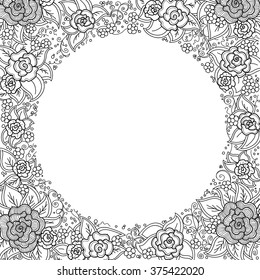 vector black and white floral pattern of spirals, swirls, doodles