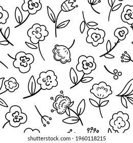 Vector black and white floral seamless pattern. Hand drawn line simple trendy illustration with flowers and leaves. Bohemian repeating background with plants. Boho digital paper or coloring page
