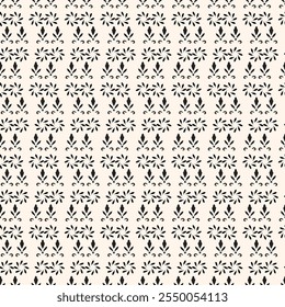Vector black and white floral seamless pattern. Abstract minimal geometric ornament with flowers in oriental style. Simple monochrome background.