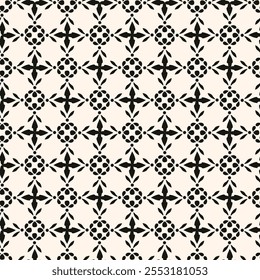 Vector black and white floral seamless pattern. Abstract minimal geometric ornament with flowers in oriental style. Simple monochrome background.