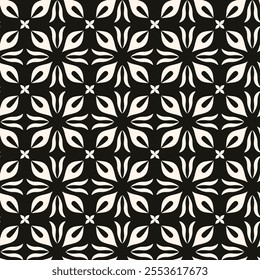 Vector black and white floral seamless pattern. Abstract minimal geometric ornament with flowers in oriental style. Simple monochrome background.