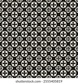 Vector black and white floral seamless pattern. Abstract minimal geometric ornament with flowers in oriental style. Simple monochrome background.