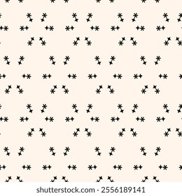 Vector black and white floral seamless pattern. Abstract minimal geometric ornament with flowers in oriental style. Simple monochrome background.