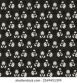 Vector black and white floral seamless pattern. Abstract minimal geometric ornament with flowers in oriental style. Simple monochrome background.