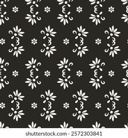 Vector black and white floral seamless pattern. Abstract minimal geometric ornament with flowers in oriental style. Simple monochrome background.