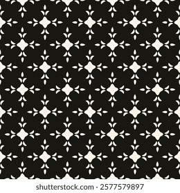 Vector black and white floral seamless pattern. Abstract minimal geometric ornament with flowers in oriental style. Simple monochrome background.