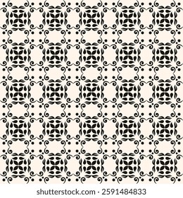 Vector black and white floral seamless pattern. Abstract minimal geometric ornament with flowers in oriental style. Simple monochrome background.