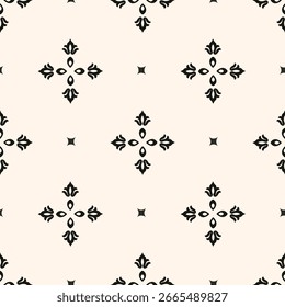 Vector black and white floral seamless pattern. Abstract minimal geometric ornament with flowers in oriental style. Simple monochrome background.