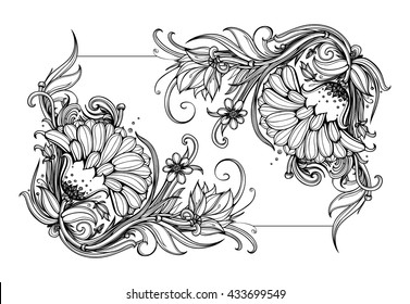 Vector black and white flower frame. Plants silhouette isolated on white background. Vintage floral frame with ornamental corner design elements and lines. Oriental motif. Calligraphic flourishes. EPS