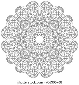 Vector black and white flower mandala composed with flowers, circles and plant leaves, black lines on white paper background, empty center