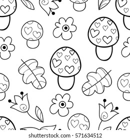 Vector black and white flower and mushroom seamless pattern. Simple monochrome forest print. Floral cute doodle background. Hand drawn elegant nature ornament.