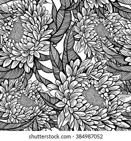 Vector Black and White Flower Seamless Pattern