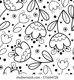 Vector black and white flower seamless pattern. Simple monochrome flower print. Floral cute doodle background. Hand drawn elegant nature ornament for fabric, wrapping and textile Scrapbook page.