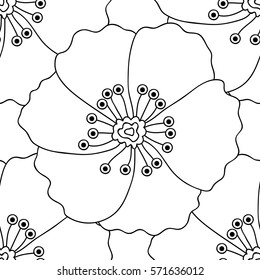 Vector black and white flower seamless pattern. Simple monochrome flower print. Floral cute doodle background. Hand drawn elegant nature ornament for fabric wrapping and textile. Scrapbook modern page