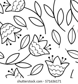 Vector black and white flower seamless pattern. Simple monochrome flower print. Floral cute doodle background. Hand drawn elegant nature ornament for fabric, wrapping and textile Scrapbook modern page