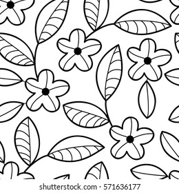 Vector black and white flower seamless pattern. Simple monochrome flower print. Floral cute doodle background. Hand drawn elegant nature ornament for fabric, wrapping and textile Scrapbook modern page