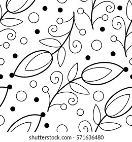 Vector black and white flower seamless pattern. Simple monochrome flower print. Floral cute doodle background. Hand drawn elegant nature ornament for fabric, wrapping and textile Scrapbook modern page
