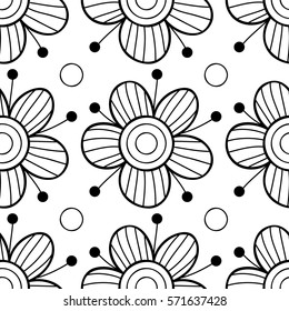 Vector black and white flower seamless pattern. Simple monochrome flower print. Floral cute doodle background. Hand drawn elegant nature ornament for fabric, wrapping and textile Scrapbook modern page