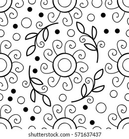 Vector black and white flower seamless pattern. Simple monochrome flower print. Floral cute doodle background. Hand drawn elegant nature ornament for fabric, wrapping and textile Scrapbook modern page