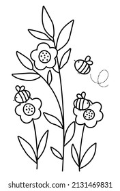 Vector black and white flowers with bees. Funny outline illustration or coloring page with bumblebees pollinating plants. Honey insects with greenery line icon.
