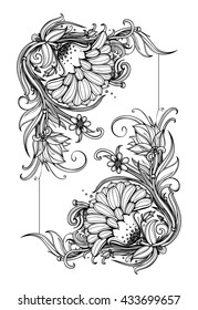 Vector black and white flowers frame of aster flowers, daisy, chrysanthemum, dahlia, lotus and other plants silhouette isolated on white background. Vintage floral frame design. EPS 10